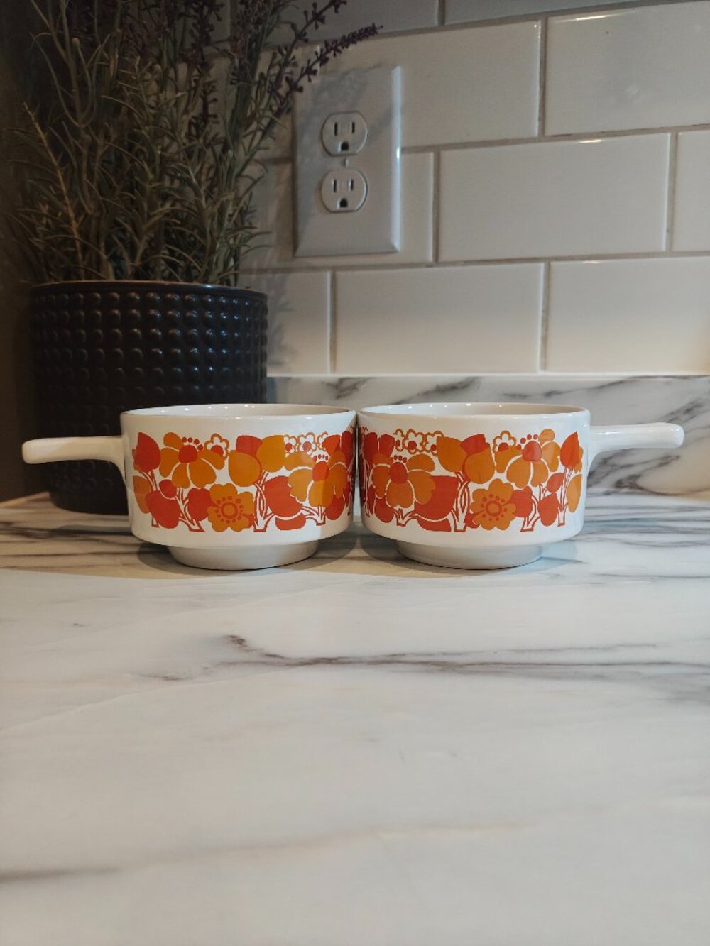 Vintage Staffordshire Soup Bowls Set of 2 Orange Floral Retro 1960s 70s England - Picture 5 of 7